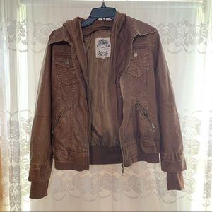 Brown faux leather jacket with removable hood